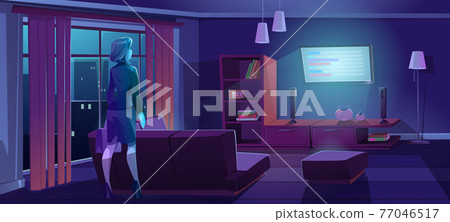 Woman coming home from work and watch tv at night 77046517
