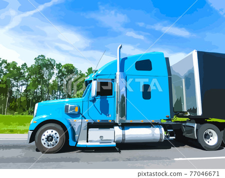 American style truck on freeway pulling load. Transportation theme. 77046671