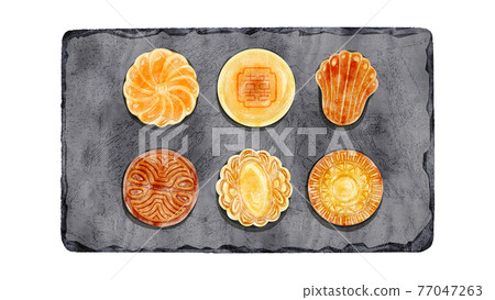 Hand-painted watercolor style illustration of moon cake on a stone plate Hand-painted watercolor style illustration of moon cake on a stone plate 77047263