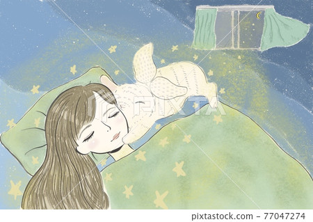 A cute little rabbit of an angel who came to see a woman who sleeps soundly A cute little rabbit of an angel who came to see a woman who sleeps soundly 77047274