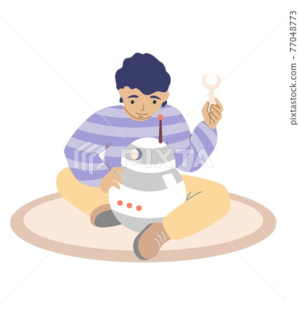 Robotics school. Cute boy, future engineer building robot, flat vector illustration. Kids robotics engineering 77048773