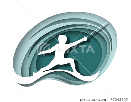 Fencer athlete with sword white silhouette, vector paper cut illustration. Fencing sport competition. Sword fighting. 77048805
