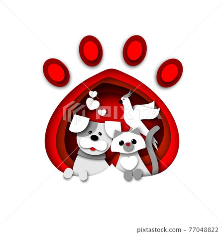 Cute cat, dog and parrot sitting in pet animal paw print, vector paper cut illustration. Pet shop, shelter, vet logo. 77048822