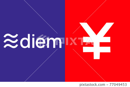 Diem cryptocurrency and Digital Yuan web template on blue and red background. Technology for digital currency. The new currency of America and the Chinese. 77049453