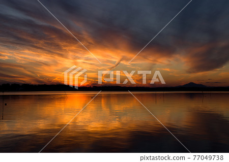 Orange afterglow reflects the surface of the swamp and tornado-like clouds 77049738