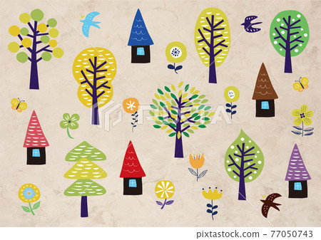 Scandinavian style_tree and house pattern_recycled paper background 834 Scandinavian style_tree and house pattern_recycled paper background 834 77050743