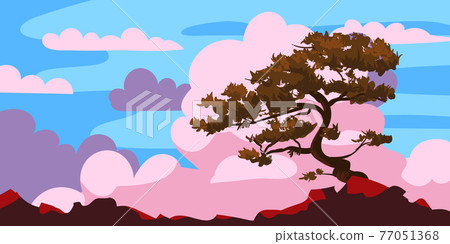Sunset tree silhouette on a cliff, clouds after rain. Landscape evening panorama horizon, color, distance. Vector illustration cartoon style background Sunset tree silhouette on a cliff, clouds after rain. Landscape evening panorama horizon, color, distance. Vector illustration cartoon style background 77051368
