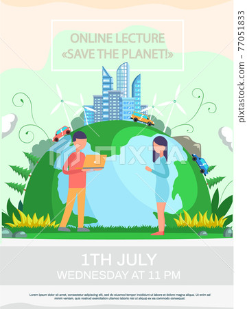 Planet with modern buildings skyscrapers and cars. Online lecture about planet saving concept poster Planet with modern buildings skyscrapers and cars. Online lecture about planet saving concept poster 77051833