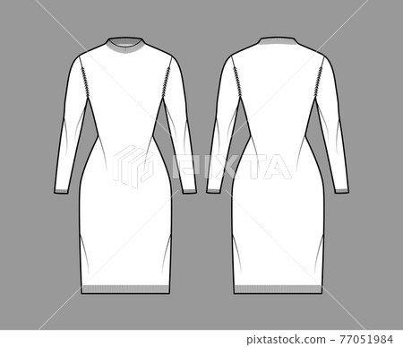 Dress Fisherman Sweater technical fashion illustration with crewneck, fitted body, knee length, knit trim. Flat Dress Fisherman Sweater technical fashion illustration with crewneck, fitted body, knee length, knit trim. Flat 77051984
