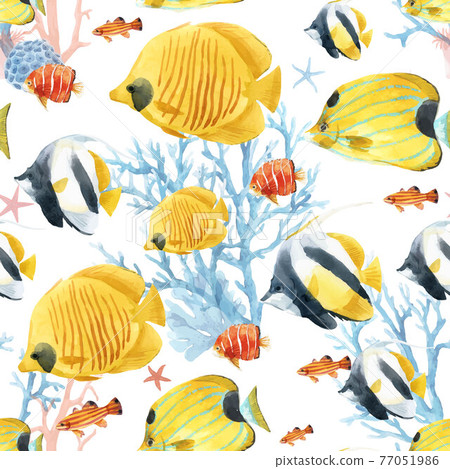 Beautiful vector seamless underwater pattern with cute watercolor colorful fish. Stock illustration. 77051986