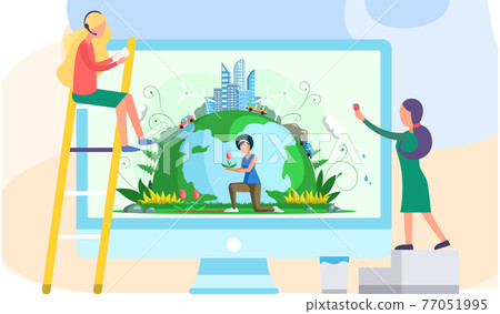 Computer screen with girl caring for Earth flower. People work with banner on environmental theme Computer screen with girl caring for Earth flower. People work with banner on environmental theme 77051995