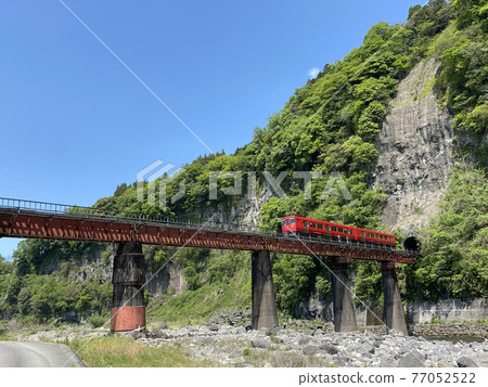 Iwato scenery Hyakueda iron bridge and red train Iwato scenery Hyakueda iron bridge and red train 77052522