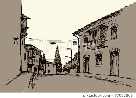 Narrow street of the old city. Vector drawing - Stock Illustration ...