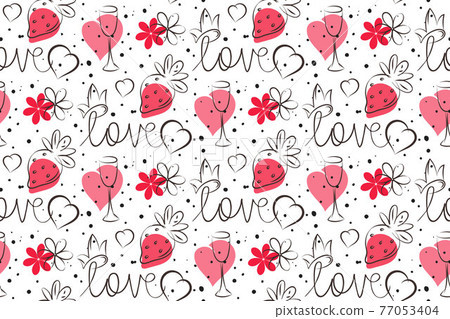 Doodle love seamless pattern. Sketch ink brush hand drawn grey contour line. Cute cartoon festive style. Pink heart, strawberry elements, text lettering. White editable background 77053404