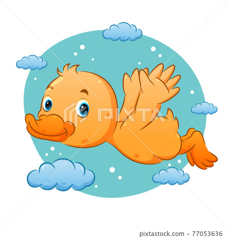 The cute duck with the bright color is flying on the sky with the cloud ornament The cute duck with the bright color is flying on the sky with the cloud ornament 77053636