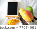 Cut mango and blackboard 77054061