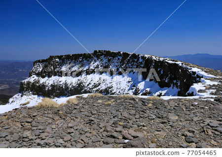 Crater wall at the top of Mt. Iodake, Yatsugatake mountain range with residual snow, Hokuto City, Yamanashi Prefecture, Japan Crater wall at the top of Mt. Iodake, Yatsugatake mountain range with residual snow, Hokuto City, Yamanashi Prefecture, Japan 77054465