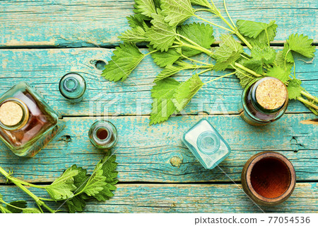 Glass bottle of nettle tincture,flat lay 77054536