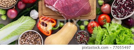 Organic vegetables with fresh piece of beef fillet 77055497