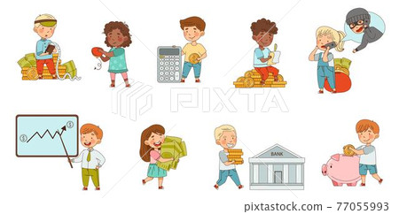 Little Children Carrying Money on Bank Deposit and Counting Cash Vector Set 77055993