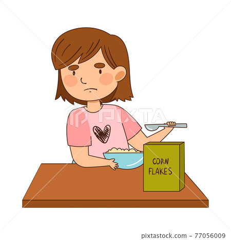 Little Girl Character Eating Corn Flakes with Grumpy Face Showing Dislike Vector Illustration 77056009