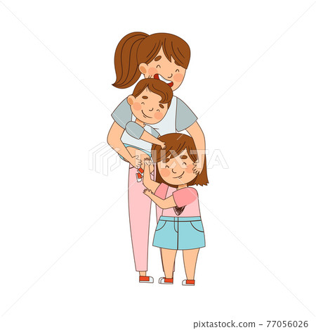 Young Mother Embracing Her Kids as Family... - Stock Illustration ...