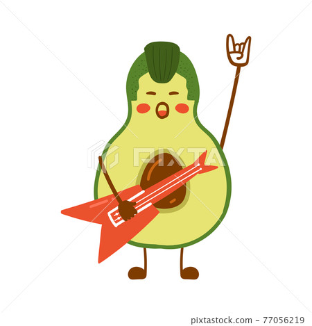 Avocado Rock and Roll. Vector flat illustration of cute avocado character with guitar. 77056219