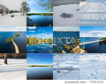 Collage of winter and summer nature photos in form of Finnish flag. Full size. 77057233