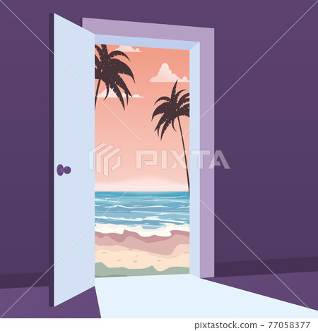 Open Door to nature way. Landscape sea, ocean, island, tropical, palms, symbol freedom, new way exit, discovery, opportunities. Motivation concept to real world. Vector illustration cartoon style 77058377