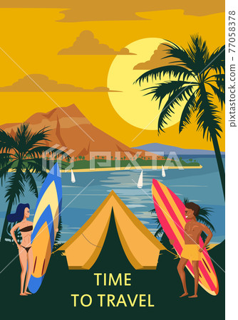Time to travel. Surfers with boards and a beach tent are relaxing on the coast. Surfing man and woman travel to exotic resorts, palm trees, island, tropical. Vector, illustration, cartoon style 77058378