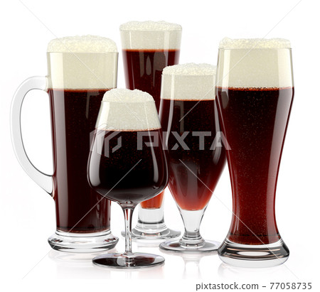 Set of fresh stout beer glasses with bubble froth isolated on white background. Set of fresh stout beer glasses with bubble froth isolated on white background. 77058735