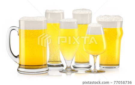 Set of fresh light beer glasses with bubble froth isolated on white background. Set of fresh light beer glasses with bubble froth isolated on white background. 77058736