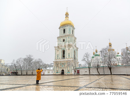Kyiv, Ukraine - March, 22, 2020: Kyiv without people. St. Sophia Cathedral. Sofievskaya square. Kyiv, Ukraine - March, 22, 2020: Kyiv without people. St. Sophia Cathedral. Sofievskaya square. 77059546