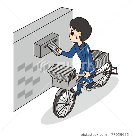 Young carer (male student) working part-time in newspaper delivery by bicycle to help the family budget 77059655