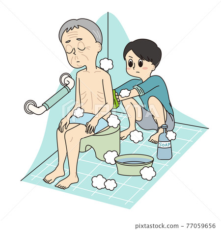 Young carer (male student) helping grandpa take a bath 77059656