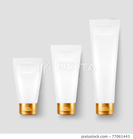 Vector 3d Realistic Plastic, Metal White Tooth Paste, Cream Tube, Packing with Golden Cap Set Isolated on White Background. Design Template of Toothpaste, Cosmetics, Cream for Mockup. Top View 77061443