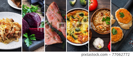 Collage of different photos of delicious food. A set of images with edible dishes. 77062772