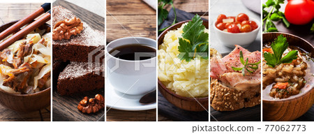 Collage of different photos of delicious food. A set of images with edible dishes. 77062773