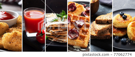 Collage of different photos of delicious food. A set of images with edible dishes. Collage of different photos of delicious food. A set of images with edible dishes. 77062774