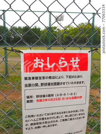 Under the state of emergency in April 2021, a signboard for closing a park in Tokyo 77063334