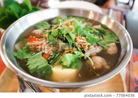 tofu and pork balls soup, vegetable soup with tofu and pork balls tofu and pork balls soup, vegetable soup with tofu and pork balls 77064036