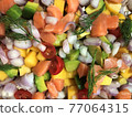 Background. Colorful Mixed salad with chopped fruits. 77064315