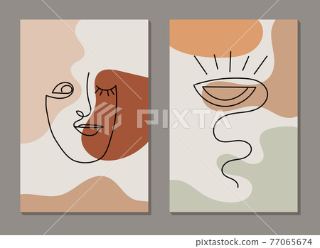 Modern line art face. Set of abstract minimal shapes and lines. Home decor design. Hand drawn watercolor effect painting shapes and line art faces. Contemporary boho design. 77065674