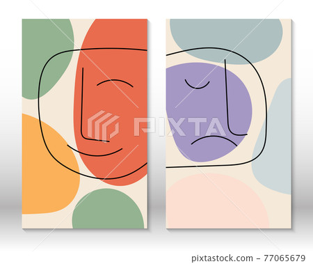 Modern abstract art face. Set of abstract minimal shapes and lines. Home decor design. Hand drawn watercolor effect painting shapes and line art faces. Contemporary design. 77065679