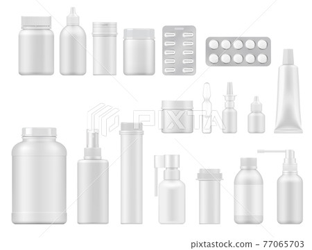 Pill, drug and medicament realistic packages Pill, drug and medicament realistic packages 77065703