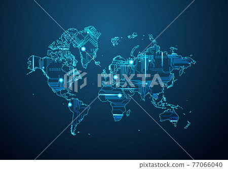 Abstract futuristic map of world. Circuit Board Design Electric of the region. Technology background. mash line and point scales on dark with map. 77066040