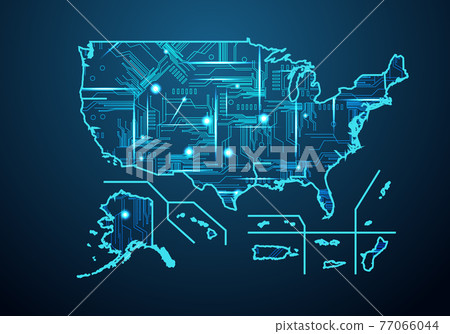 Abstract futuristic map of usa Territories. Circuit Board Design Electric of the region. Technology background. mash line and point scales on dark with map. Abstract futuristic map of usa Territories. Circuit Board Design Electric of the region. Technology background. mash line and point scales on dark with map. 77066044