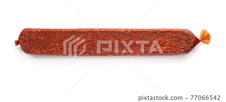 Stick of raw smoked sausage. Stick of raw smoked sausage. 77066542
