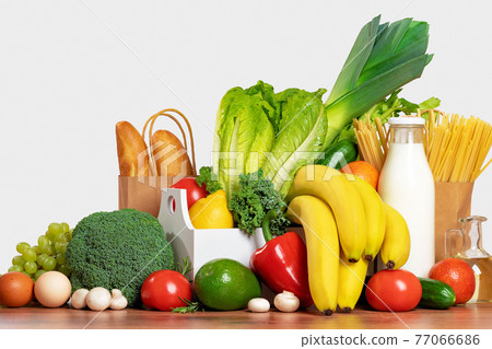 Grocery. box full of fruits and vegetables Grocery. box full of fruits and vegetables 77066686