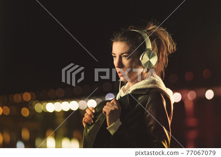 Millennial Girl Listen Music Neon Light Outdoor 77067079